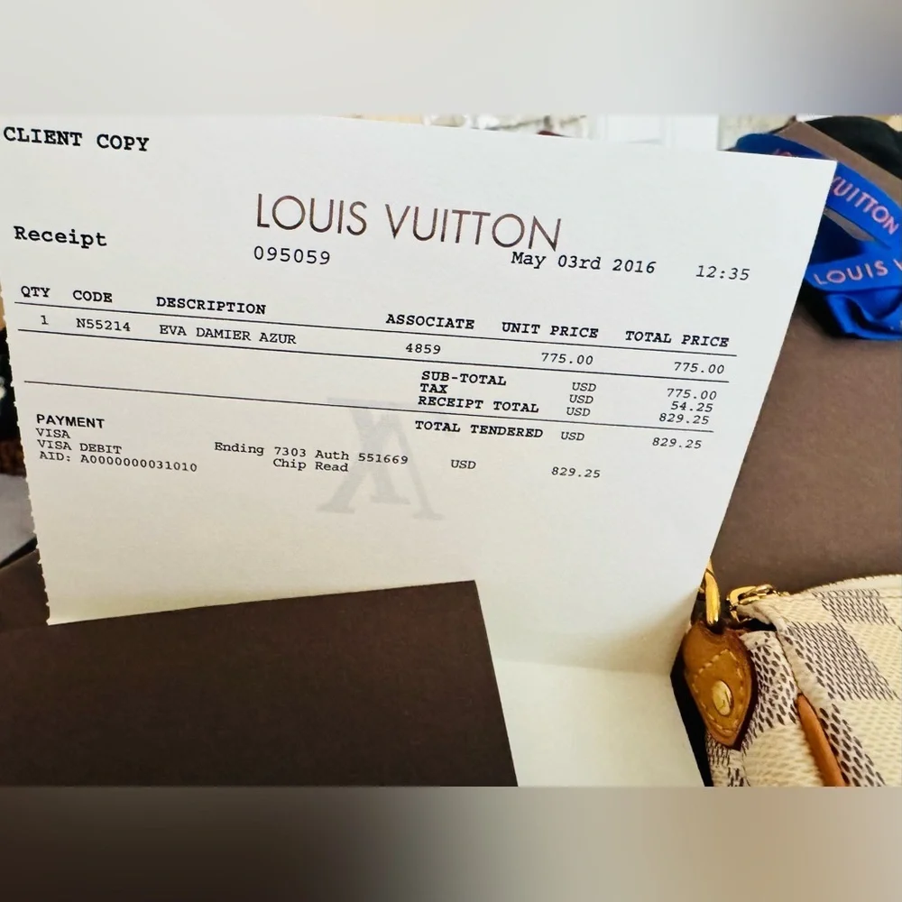 Discontinued Louis Vuitton Damier Azur Eva Gold Accents Dustbag Gift Box/Receipt
